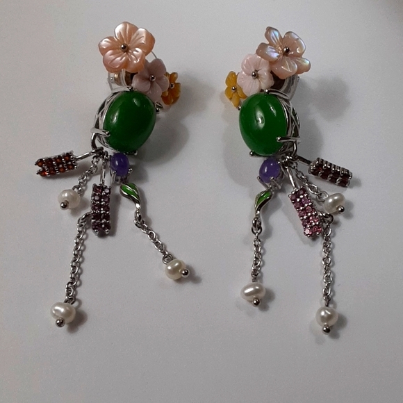 Jewelry - 925 Genuine Green and Purple Jade, Garnets, Amethysts, Pearls and enamel.